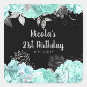 Elegant Green and Silver Flowers Birthday Party Quadratischer Aufkleber (Vorderseite)