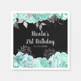 Elegant Green and Silver Flowers Birthday Party Serviette