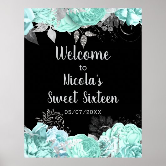 Elegant Green and Silver Flowers Sweet Sixteen Poster (Vorne)