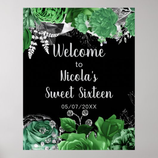 Elegant Green and Silver Flowers Sweet Sixteen  Poster (Vorne)