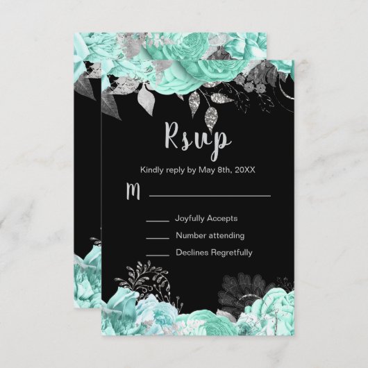 Elegant Green and Silver Flowers Sweet Sixteen RSVP Karte (Vorne/Hinten)
