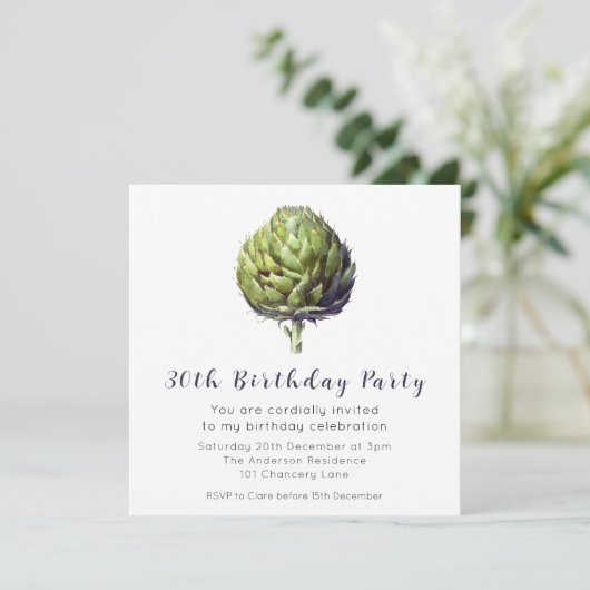 Elegant Green Artichoke BIrthday Einladung (Stehend Vorderseite)