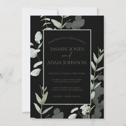 Elegant Green Black Eucalyptus Wedding Einladung (Vorderseite)