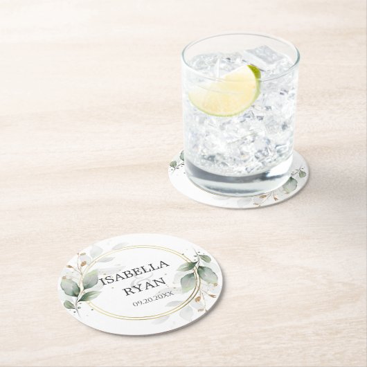 ELEGANT Green Blätter Gold Wedding Runder Pappuntersetzer (Vor Ort)