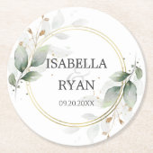 ELEGANT Green Blätter Gold Wedding Runder Pappuntersetzer (Vorderseite)