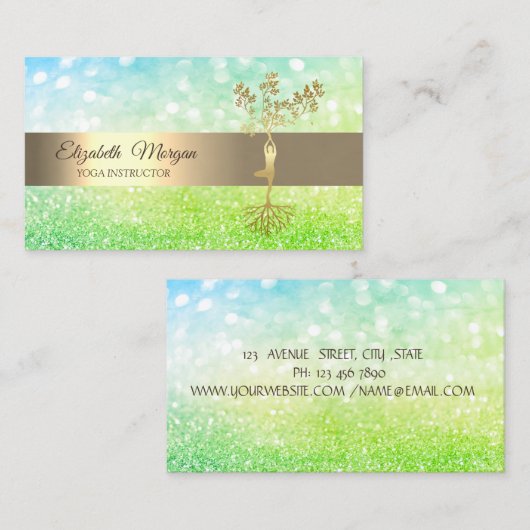 Elegant Green Bokeh Gold Tree Yoga Instructor Visitenkarte (Vorne/Hinten)