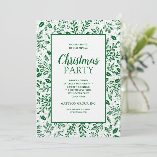 Elegant Green Botanicals Christmas Party Einladung (Stehend Vorderseite)