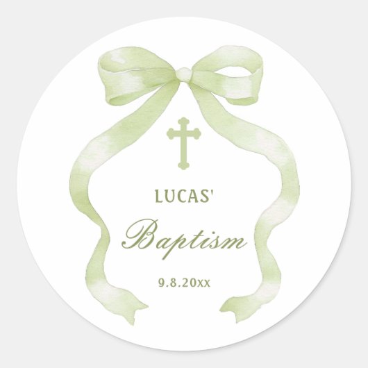 Elegant Green Bow Baptism Classic Round Sticker (Vorderseite)