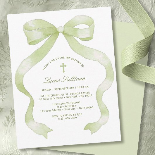Elegant Green Bow Baptism Einladung
