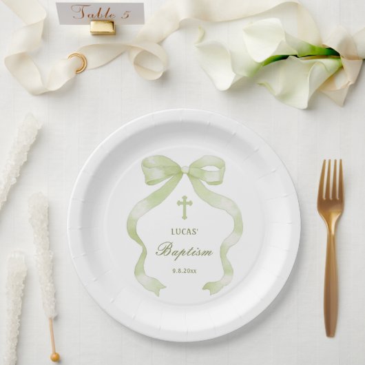 Elegant Green Bow Baptism Pappteller (Hochzeit)