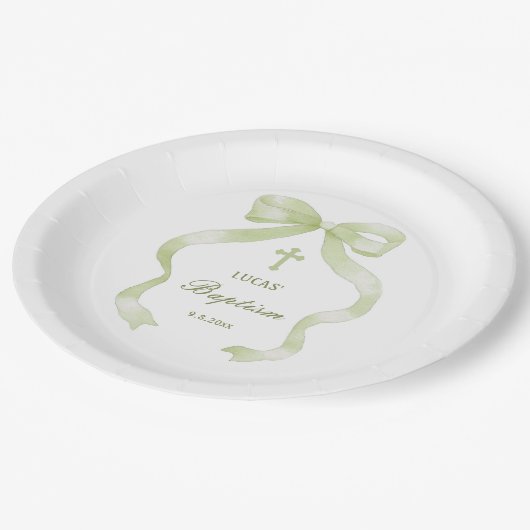 Elegant Green Bow Baptism Pappteller (Schrägansicht)