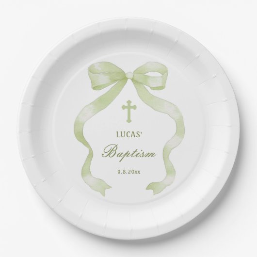 Elegant Green Bow Baptism Pappteller (Vorderseite)