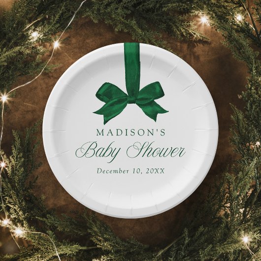 Elegant Green Bow Christmas Baby Shower Pappteller