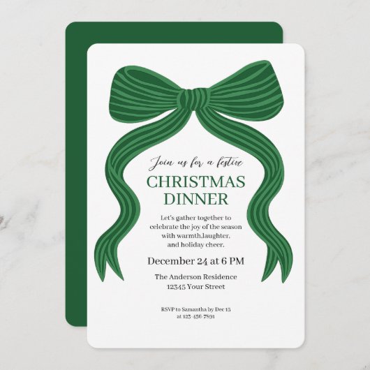 Elegant Green Bow Christmas Dinner Invitation Einladung (Vorne/Hinten)