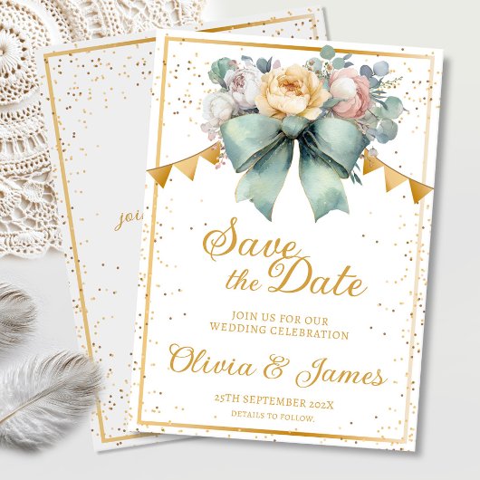 Elegant Green Bow Floral Save the Date Hochzeit Einladung