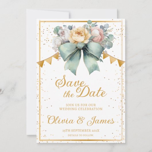 Elegant Green Bow Floral Save the Date Hochzeit Einladung (Vorderseite)