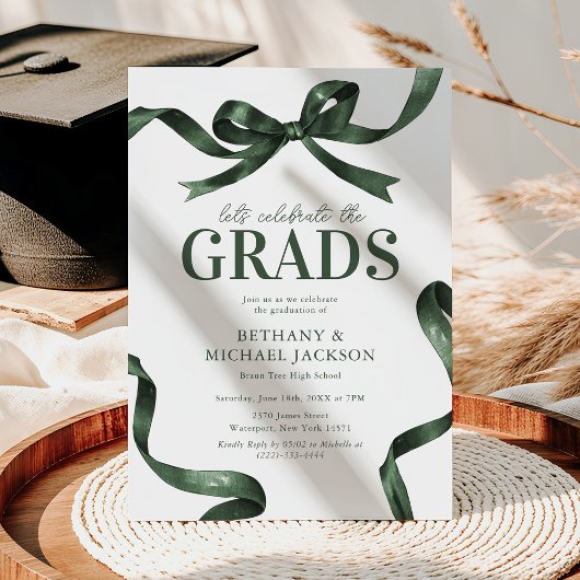 Elegant Green Bow Joint Graduation Party Einladung