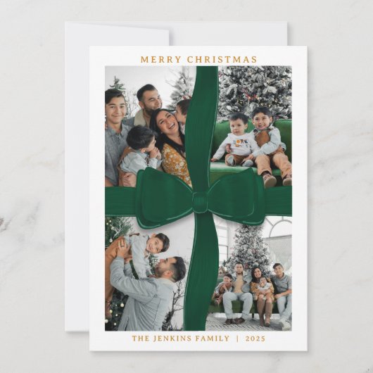 Elegant Green Bow Photo Merry Christmas Card Einladung (Vorderseite)