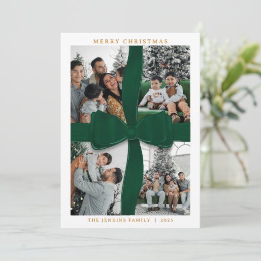 Elegant Green Bow Photo Merry Christmas Card Einladung (Stehend Vorderseite)