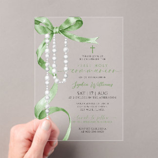 Elegant Green Bow & Rosary First Holy Communion Acryleinladungen