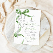 Elegant Green Bow & Rosary First Holy Communion Einladung