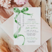 Elegant Green Bow & Rosary First Holy Communion Einladung