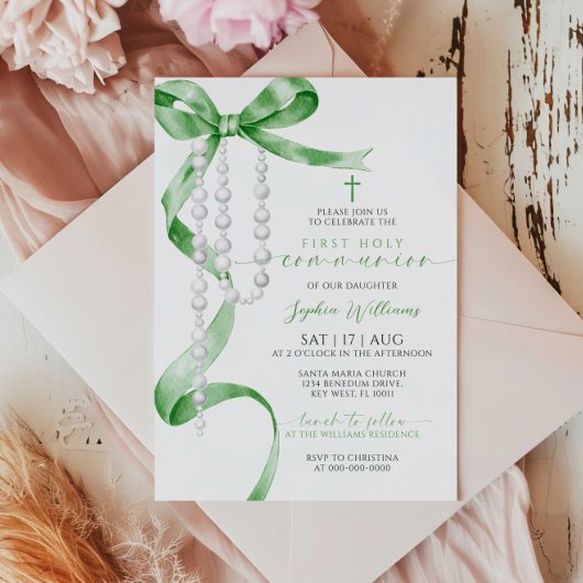 Elegant Green Bow & Rosary First Holy Communion Einladung