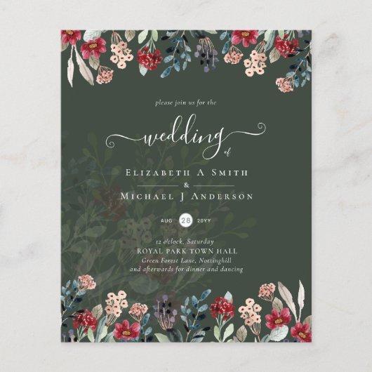 Elegant Green Burgundy Blue Floral Wedding Flyer (Vorne)