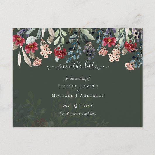 Elegant Green Burgundy Blue Floral Wedding Postkarte (Vorderseite)