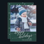Elegant Green Calligraphy Happy Holidays Photo Feiertagskarte<br><div class="desc">This elegant green calligraphy Happy Holidays photo card is the perfect simple holiday card. The design features a modern photo card decorated with romantic and whimsical typography and a polka dot backing. Personalize the card with your family name and year.</div>
