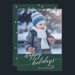 Elegant Green Calligraphy Happy Holidays Photo Feiertagskarte<br><div class="desc">This elegant green calligraphy Happy Holidays photo card is the perfect simple holiday card. The design features a modern photo card decorated with romantic and whimsical typography and a polka dot backing. Personalize the card with your family name and year.</div>