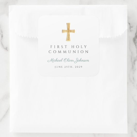 Elegant Green Cross Boy Erste Kommune Vielen Dank Quadratischer Aufkleber (Tasche)