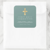 Elegant Green Cross Boy First Communation Quadratischer Aufkleber (Tasche)