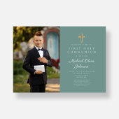 Elegant Green Cross Foto Boy First Communation Einladung
