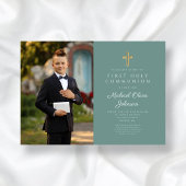Elegant Green Cross Foto Boy First Communation Einladung