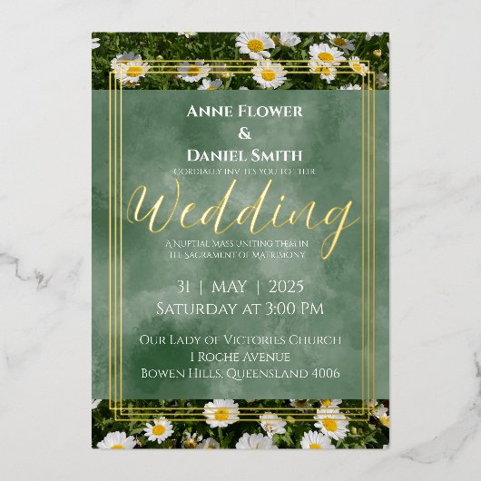 Elegant Green Daisy Foil Folieneinladung (Vorderseite)