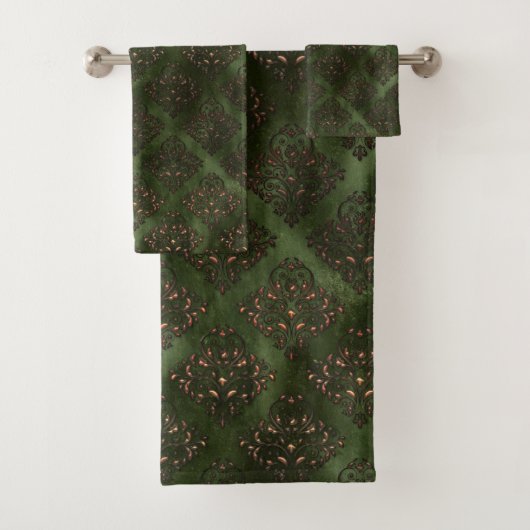 Elegant Green Damask Bronze Badezimmer Badhandtuch Set (Insitu)