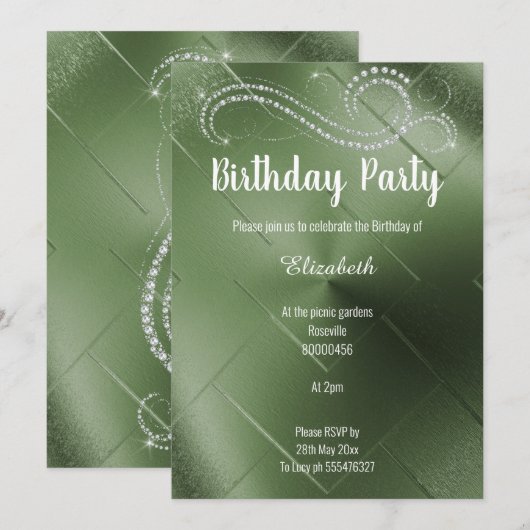 ELEGANT GREEN DIAMOND BIRTHDAY PARTY EINLADUNG (Vorne/Hinten)