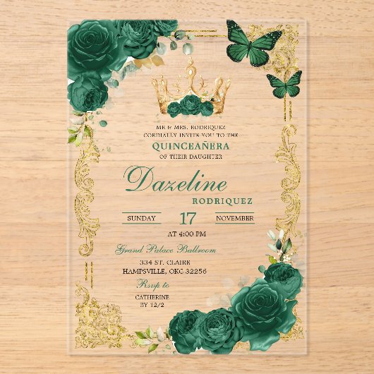 Elegant Green Emerald Crown Quinceanera Acryleinladungen (Vorderseite)