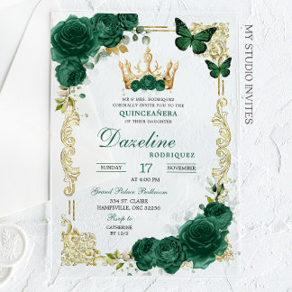 Elegant Green Emerald Crown Quinceanera Acryleinladungen