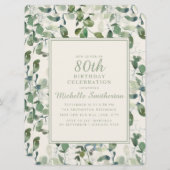 Elegant Green Eucalyptus Blätter 80. Geburtstag Einladung (Vorne/Hinten)