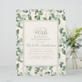 Elegant Green Eucalyptus Blätter 90. Geburtstag Einladung (Stehend Vorderseite)