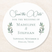 Elegant Green Eucalyptus Leaf Modern Save the Date Runder Pappuntersetzer (Vorderseite)