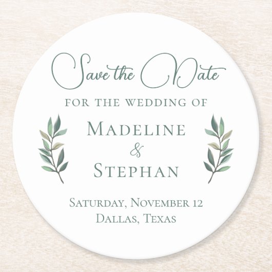 Elegant Green Eucalyptus Leaf Modern Save the Date Runder Pappuntersetzer (Vorderseite)