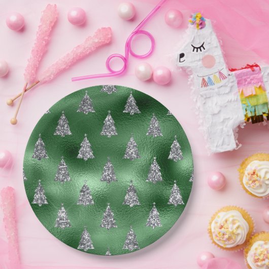 Elegant Green & Faux Silver Trees Christmas Pappteller (Party)