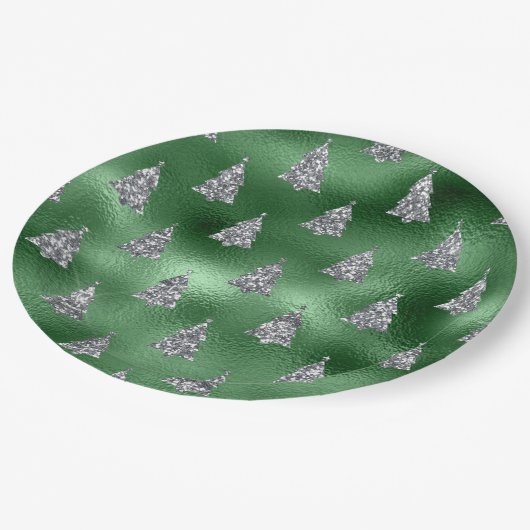 Elegant Green & Faux Silver Trees Christmas Pappteller (Schrägansicht)