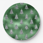 Elegant Green & Faux Silver Trees Christmas Pappteller (Vorderseite)