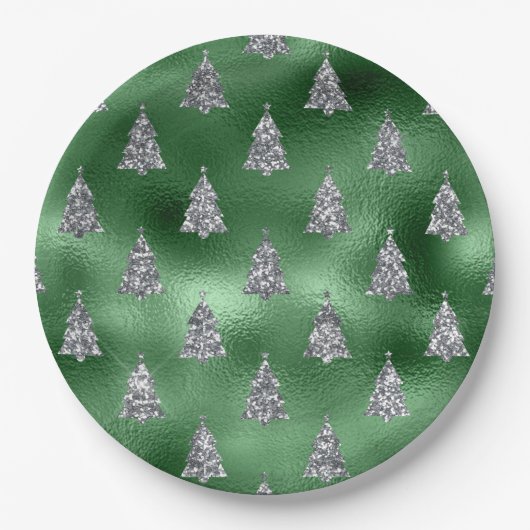 Elegant Green & Faux Silver Trees Christmas  Pappteller (Vorderseite)