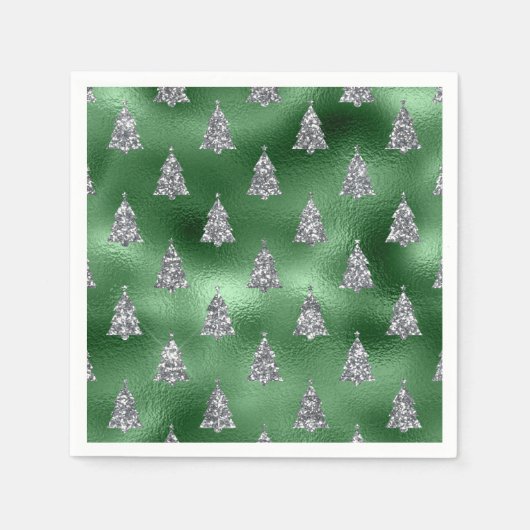 Elegant Green & Faux Silver Trees Christmas Serviette (Vorderseite)