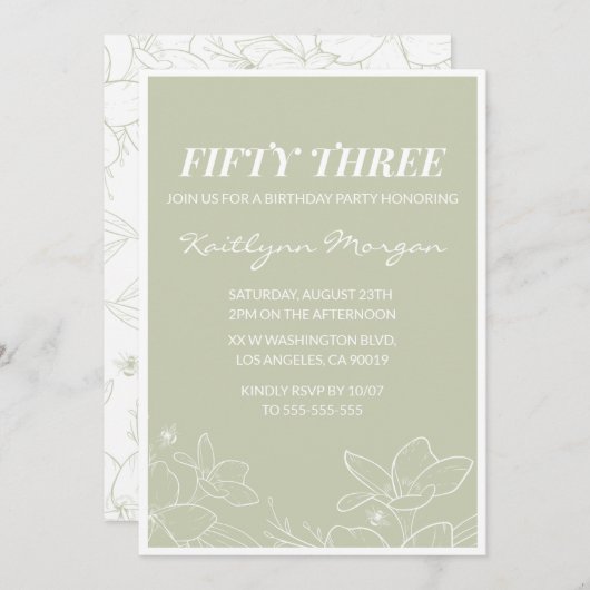 Elegant Green Floral 53. Geburtstag Einladungen (Vorne/Hinten)